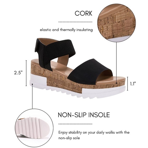 Platform Wedge Slip On Sandals Open Toe Cork Elastic Strap Cork - Picture 3 of 4